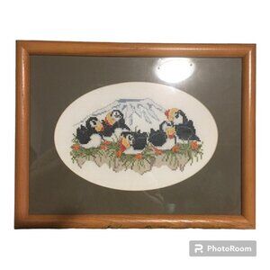 1997 Vintage Puffins Framed Cross Stitch Picture - Handcrafted Artwork